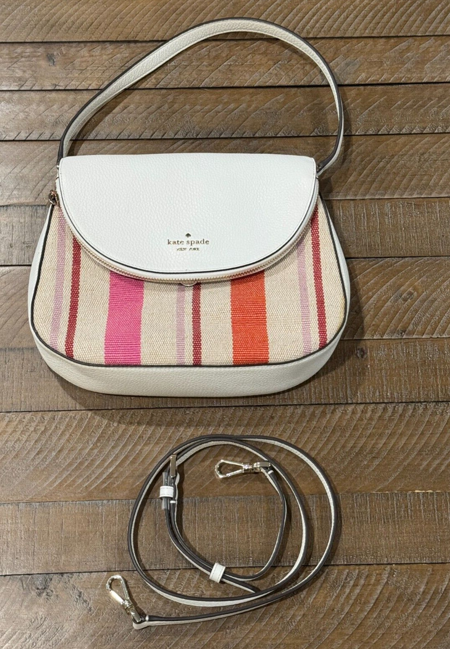 Kate Spade Leila Flap Hand/Shoulder Bag White Multi Striped - Detachable Strap
